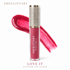 Sheglittary Glitter Lip Gloss Love It bottle and swatch