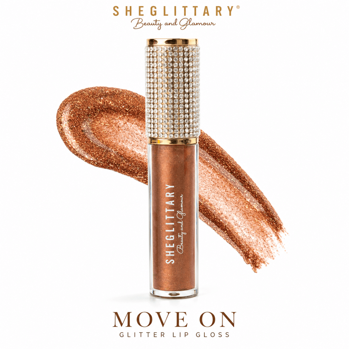 Sheglittary Glitter Lip Gloss Move on bottle and swatch