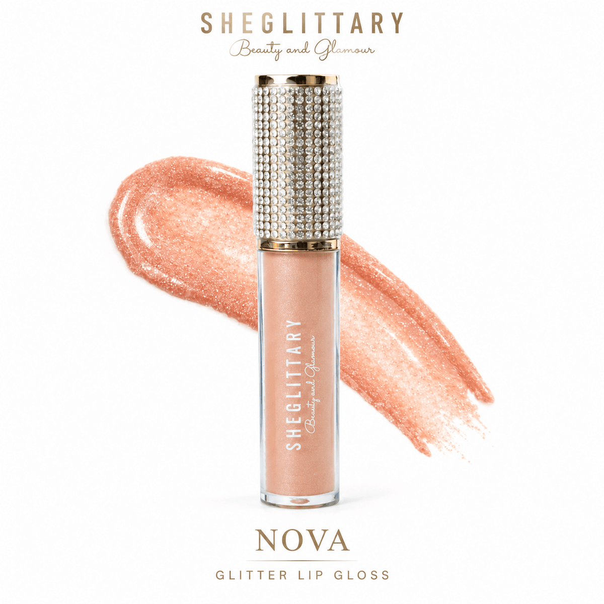 Sheglittary Glitter Lip Gloss Nova bottle and swatch