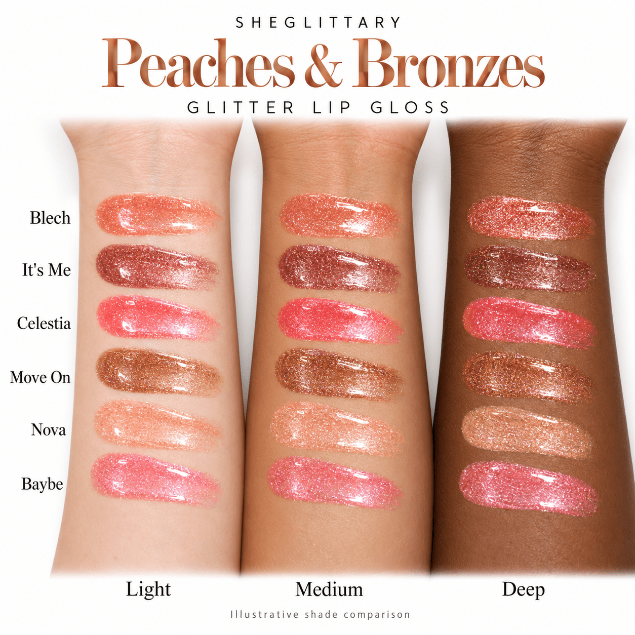 Sheglittary Glitter Lip Gloss Peaches & Bronzes arm swatches