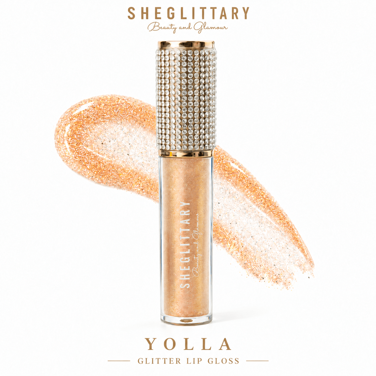 Sheglittary Glitter Lip Gloss Yolla bottle and swatch