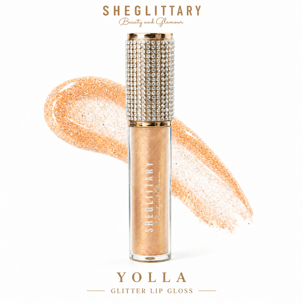 Sheglittary Glitter Lip Gloss Yolla bottle and swatch