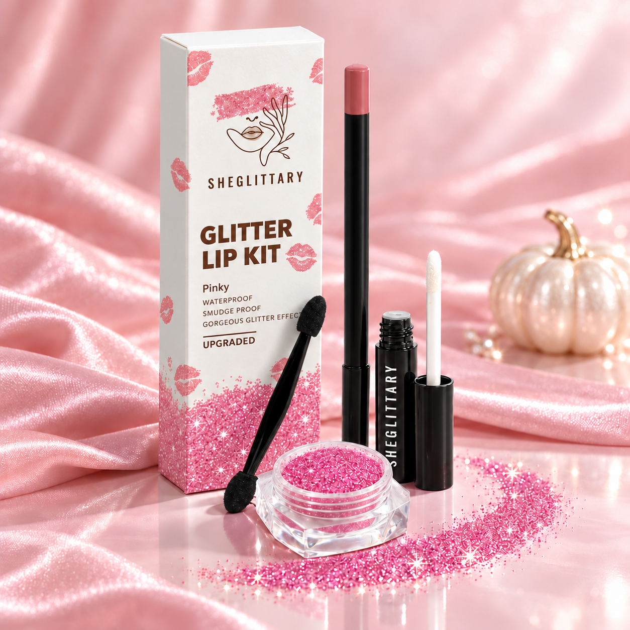 SHEGLITTARY Pinky Glitter Lip Kit – upgraded packaging on pink satin