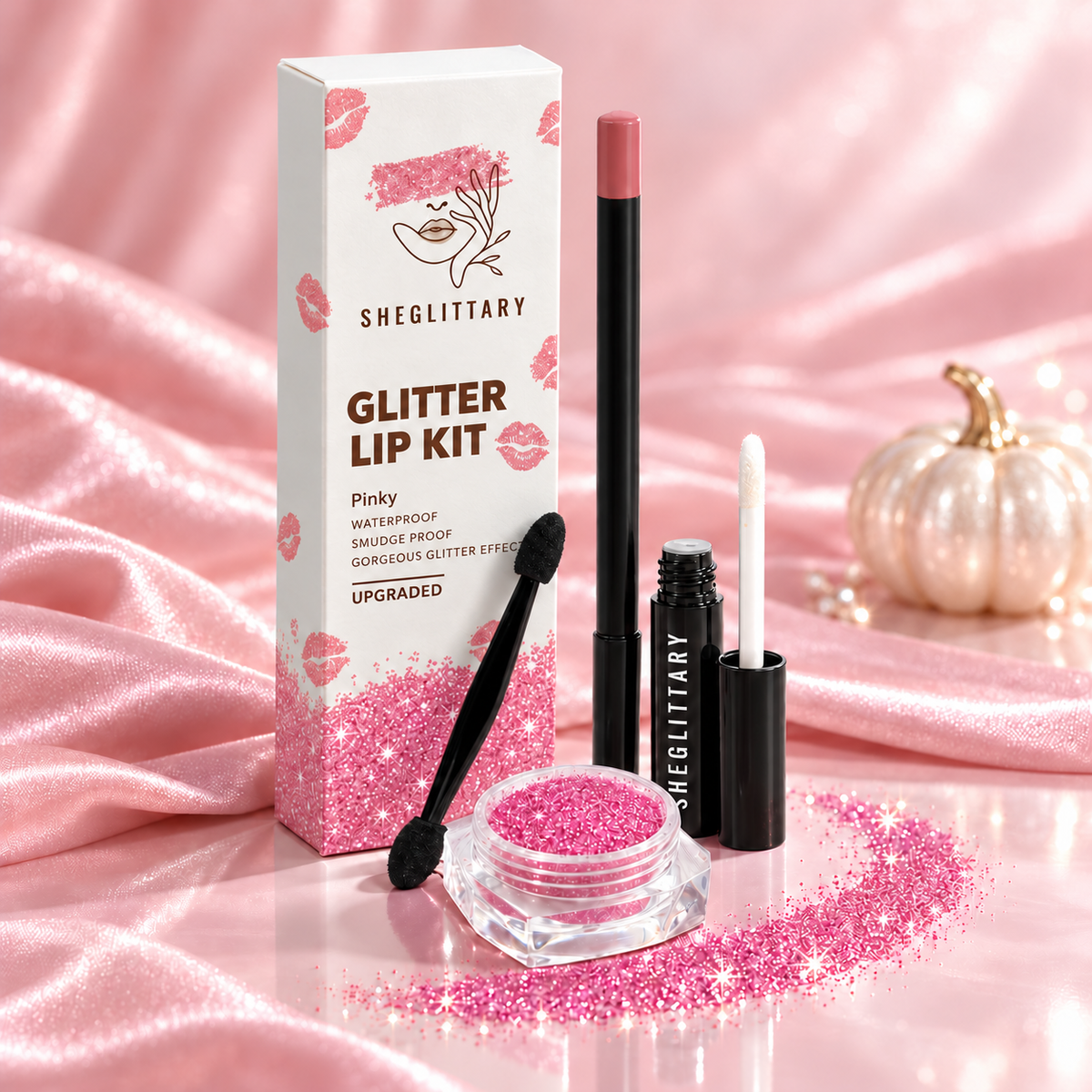 SHEGLITTARY Pinky Glitter Lip Kit – upgraded packaging on pink satin
