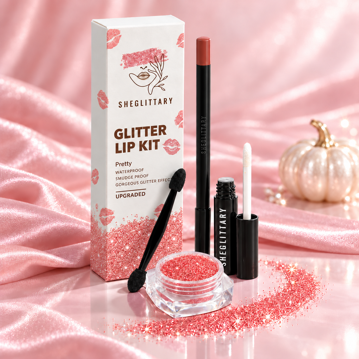 SHEGLITTARY Pretty Glitter Lip Kit – upgraded packaging on pink satin
