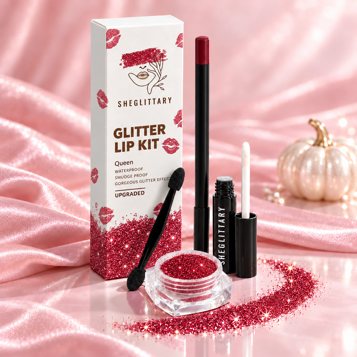 SHEGLITTARY Queen Glitter Lip Kit – upgraded packaging on pink satin