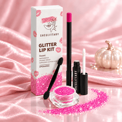 SHEGLITTARY Sweet Glitter Lip Kit – upgraded packaging on pink satin